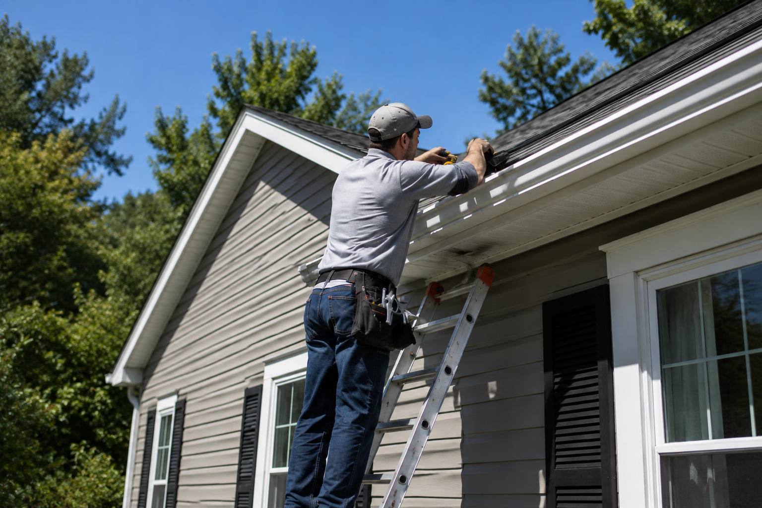 Business owner working on a gutter from a ladder