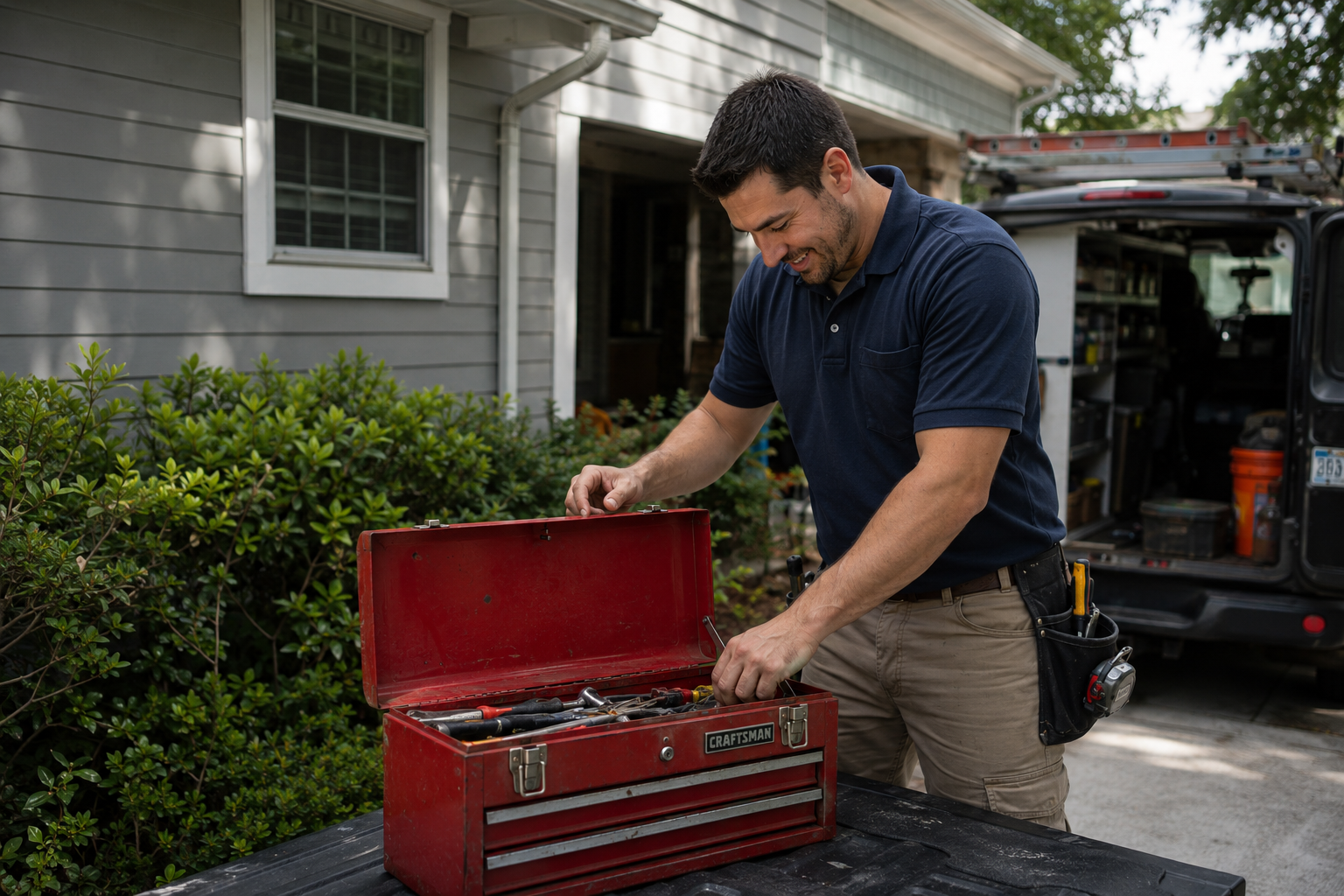 Business owner repairing an HVAC unit outside a home