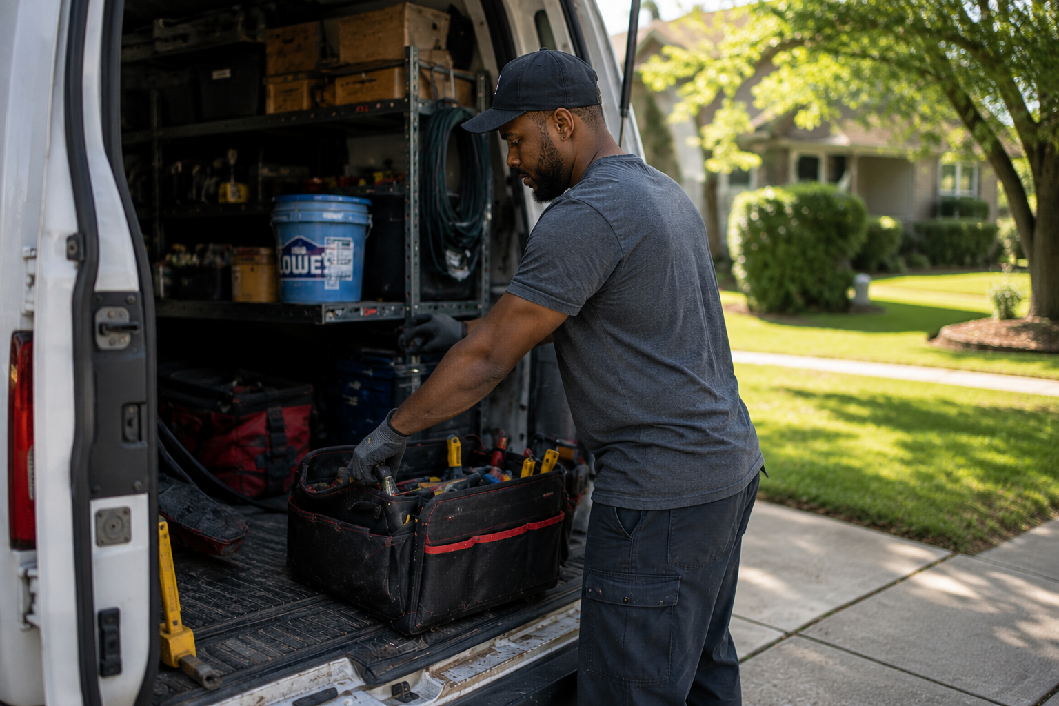 Business owner packing a tool bag in his van